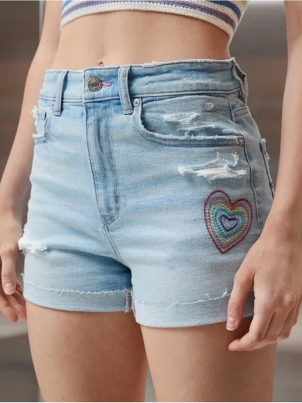 American Eagle Pride Embroidered Mom Shorts Distressed Denim Size 2